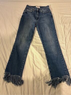Mango Frayed-Hem Straight Leg Jeans in Blue Denim